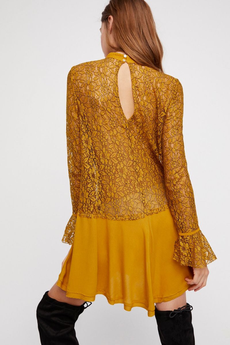 Sheer Lace Top and Sleeves with Crinkly Crepe Skirt