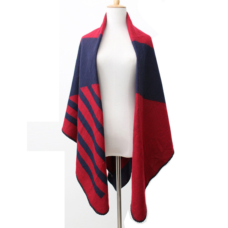 Womens Striped Knitted Cashmere Like Stole Wraps Scarf Poncho Shawl (SP286)