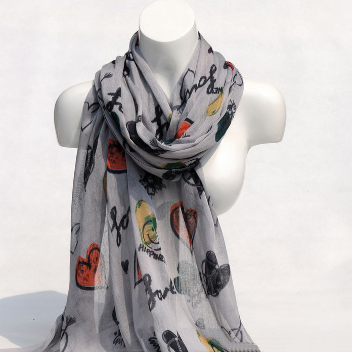 Women's Viscose Heart Love Printing Spring Autumn Summer Woven Beach Cover Shawl Scarf (SW125)