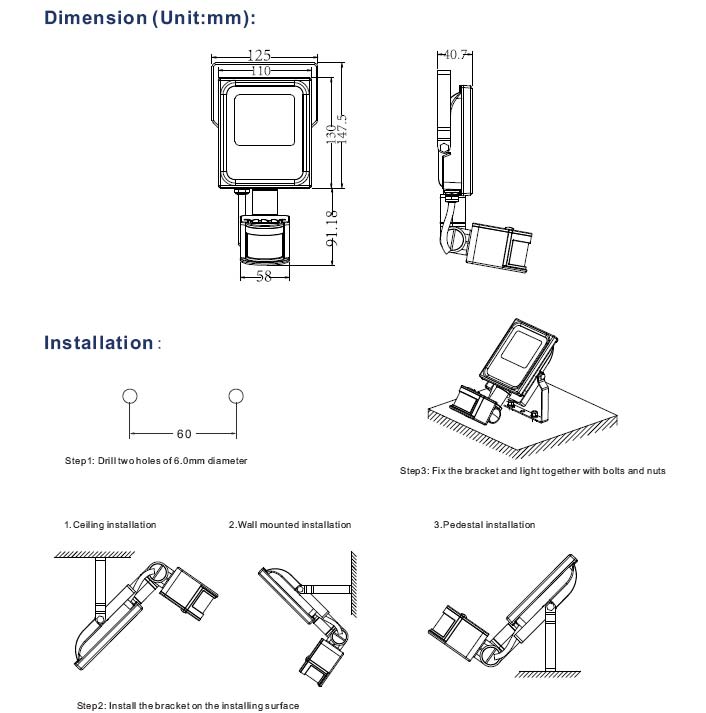 Outdoor LED Floodlight with PIR, Waterproof 10W 20W 30W 50W 80W 100W LED Sensor Light