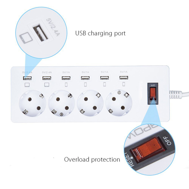 4 Port EU Plug Outlet 6 Ports USB Wall Socket Power with Switch for Smartphones Tablets