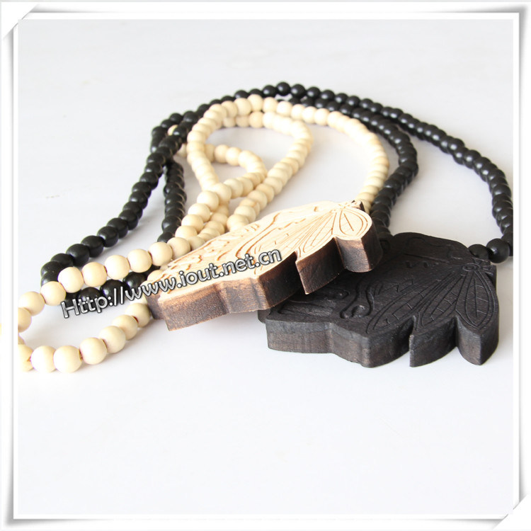 Black Wooden Crown Pendant with a 36 Inch Wood Beaded Necklace Excellent Quality Chain (IO-wn032)