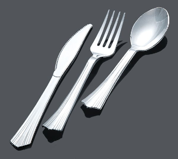 Silver Coated/Stainless Steel Coated/ Clear /White Color PS, PP Material Plastic Cutlery Tableware Cutlery Spoon Knife Fork