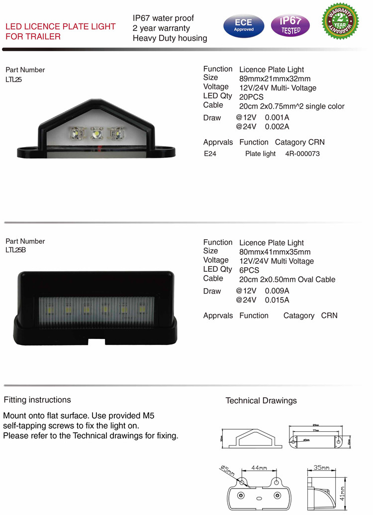 Ltl25 E Mark IP67 Waterproof LED Licence Plate Light for Trailer