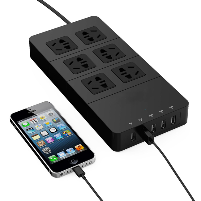 EU/Au/Us/UK Plug 6 Outlet Socket with 5 USB Ports