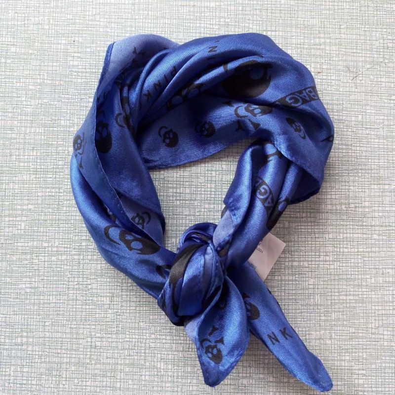 Blue Polyester Satin Skulls Small Squares Stewardess Scarf