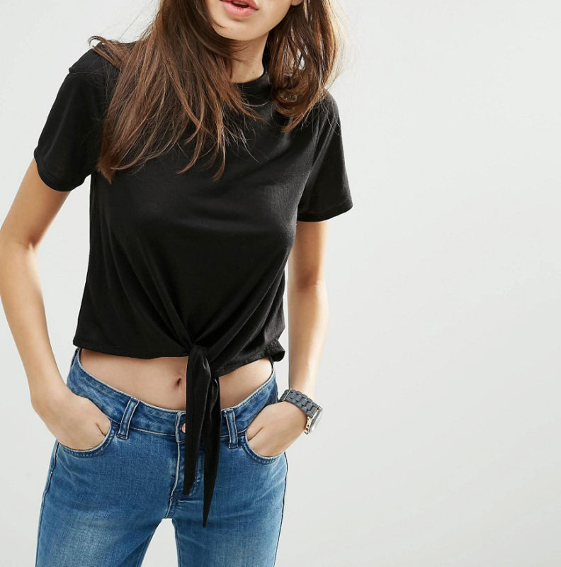Black Custome Hot Sale Cropped with Knot Front Women T-Shirt