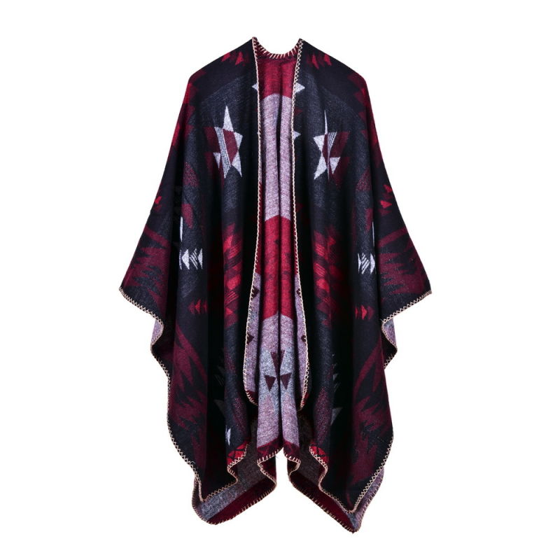 Women's Color Block Open Front Blanket Poncho Bohemian Cashmere Like Cape Thick Winter Warm Stole Throw Poncho Wrap Shawl (SP228)