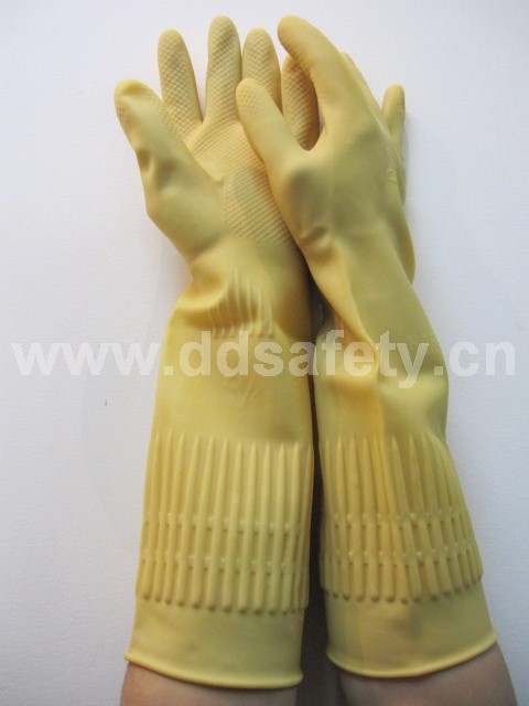 Yellow Latex Long Unlined Roll Cuff Household Working Gloves DHL441