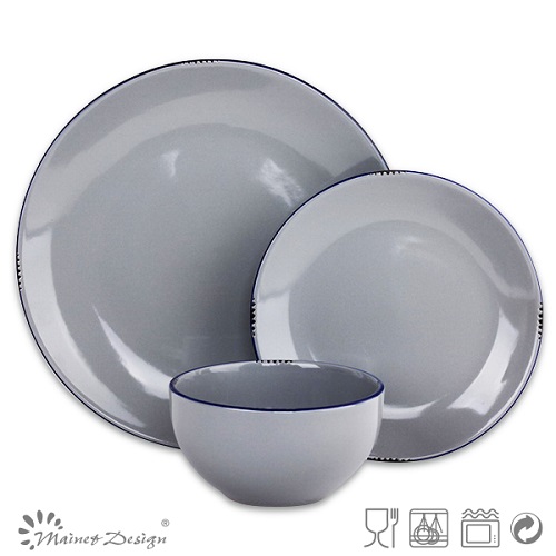 18PCS Dinner Set Solid Grey with Glaze Peel and Blue Rim