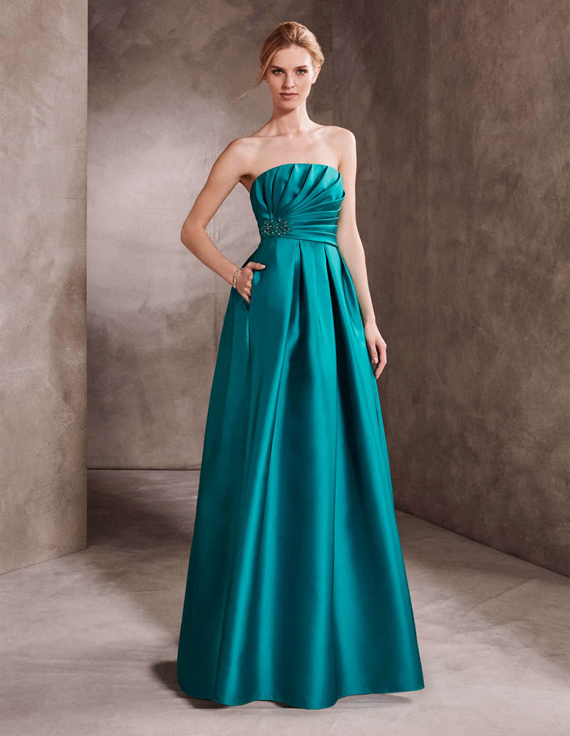 Draped Bodice Flare Evening Dress with Gemstone Embroidery Decorates The Side of The Waist