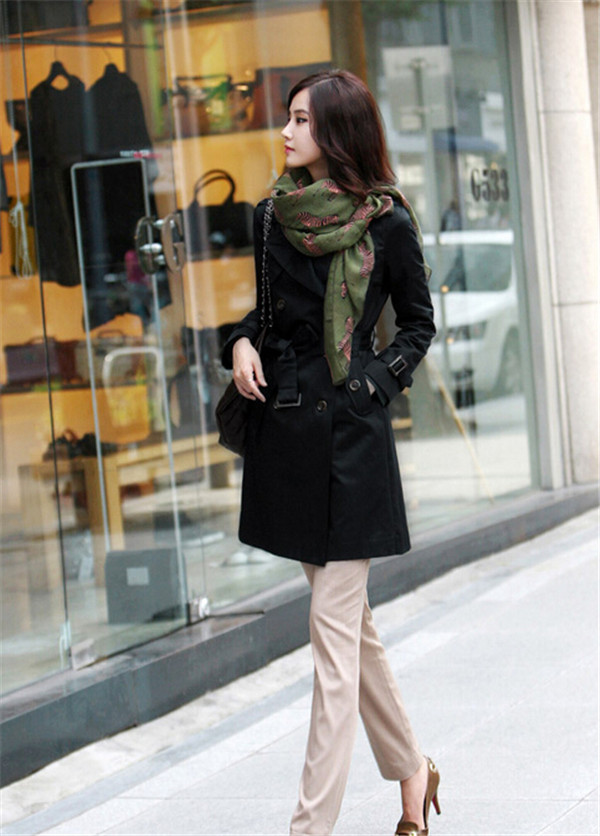 Korean Style Women Slimming Long Double Breasted Lapel Overcoat Trench Coat