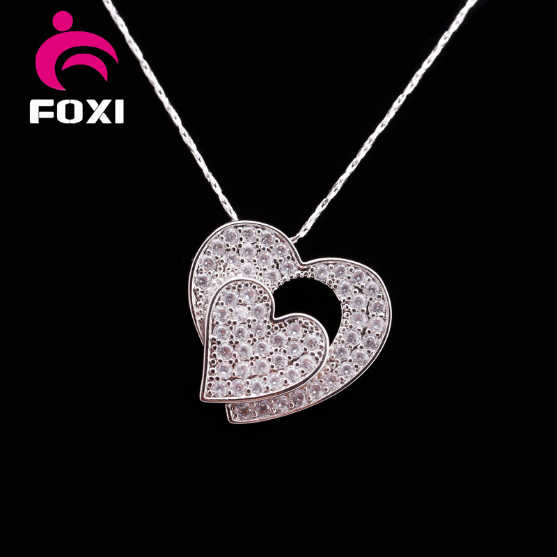 Double Heart Shape White Cubic Zirconia Silver Plated Pendant Necklace