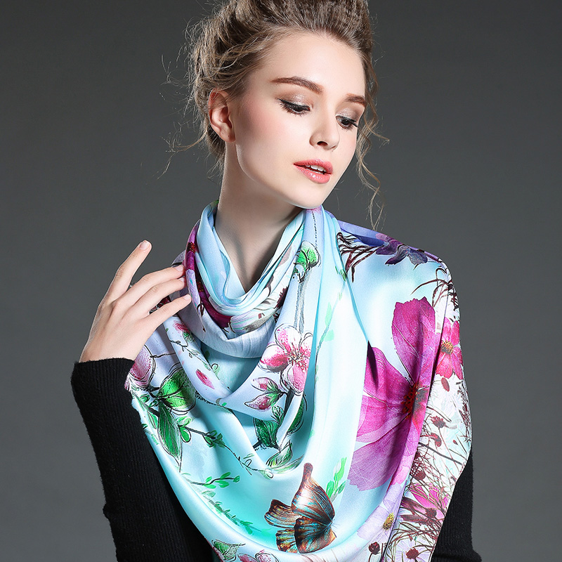 Digital Printing Long Silk Scarf for Woman Blue