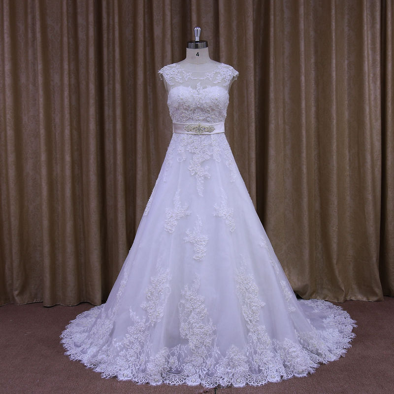 Appliqued Lace A-Line Bridal Gowns with Beading Sash