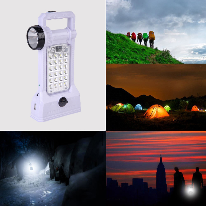 Solar LED Light with Camping Lantern, Desk Lamp, USB Outlet