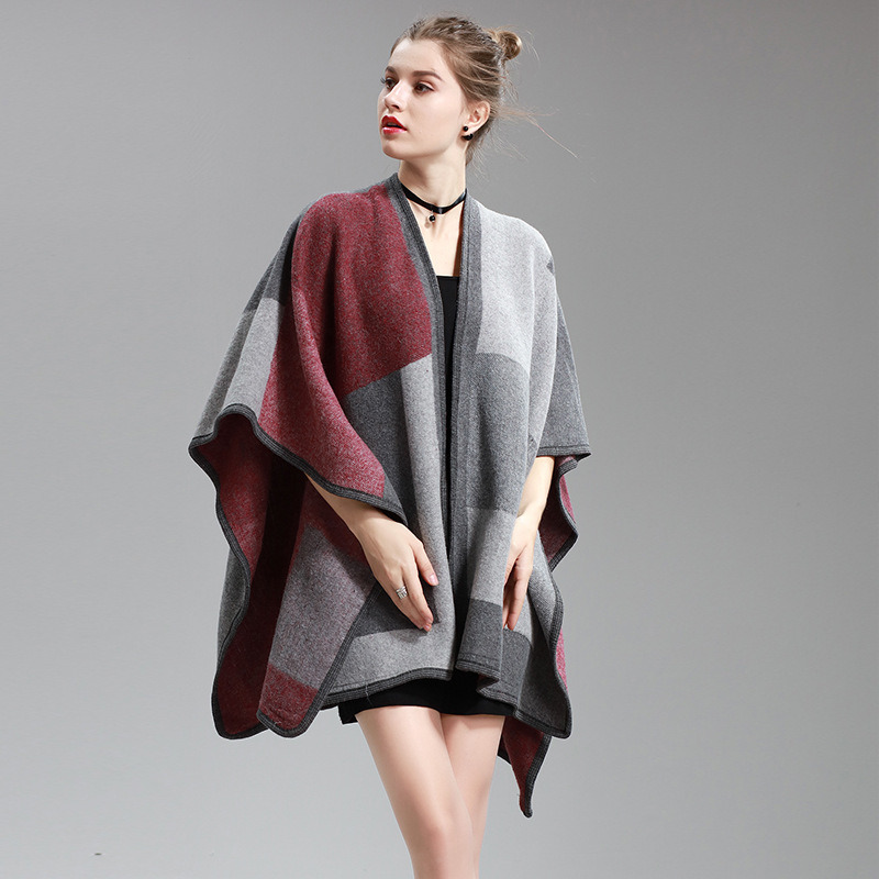 Womens Cashmere Feel Checked Printing Fancy Cape Stole Poncho Shawl (SP296)