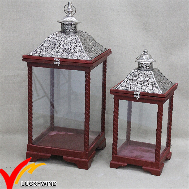 S/2 White Antique Vintage Distressed Wooden Candle Lantern with Metal Top for Wedding Decor