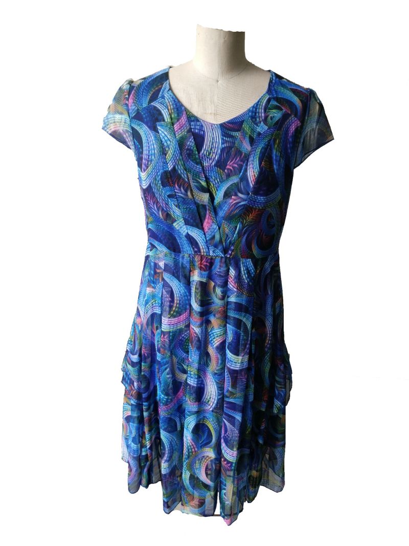 Summer Printed Geometrical Pattern V Neck Short Sleeve Pleated Women's Dress