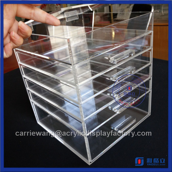 2016 Fashionable Pink Acrylic Makeup Organizer with 5 Drawers Supplier with Crystal Knobs