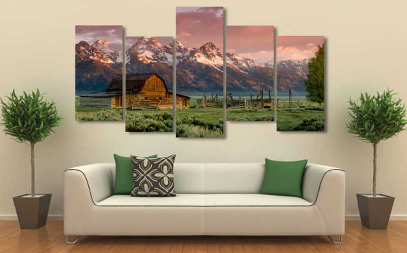 HD Printed Barn Teton Rocky Mountains Painting on Canvas Room Decoration Print Poster Picture Mc-040