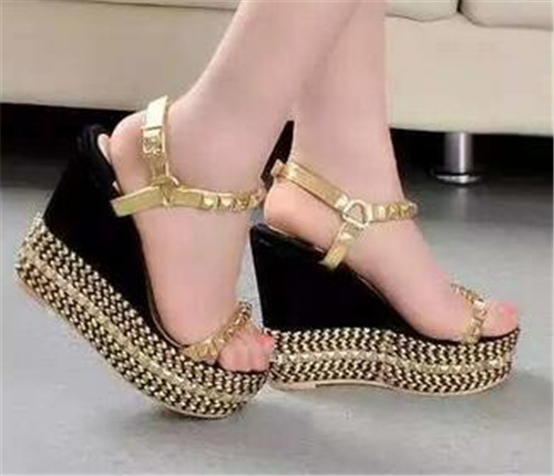 New Fashion Wedge High Heel Ladies Shoes with Rivet (HS17-83)