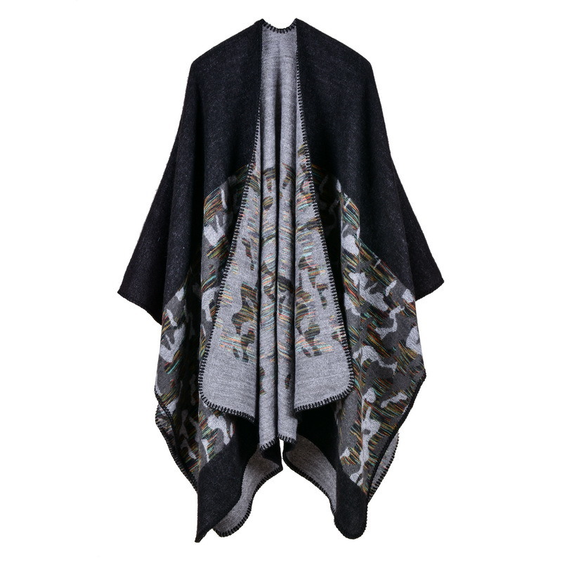 Women's Color Block Open Front Blanket Poncho Bohemian Cashmere Like Cape Thick Winter Warm Stole Throw Poncho Wrap Shawl (SP232)