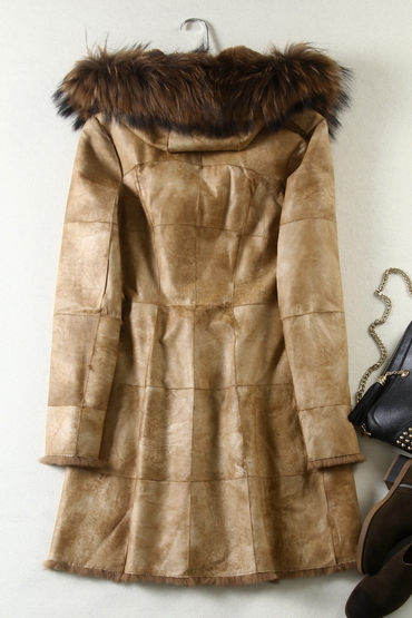 Real Rabbit Leather and Fur Coat with Raccoon Fur on Collar Women Long Style