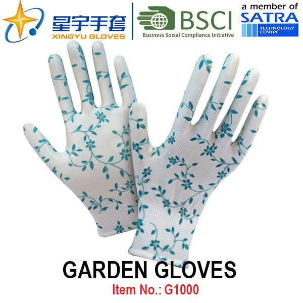 Garden Gloves, Printing Polyestershell Transparent Nitrile Coated Smooth Finish, Work Gloves (G1000) with CE, En388, En420