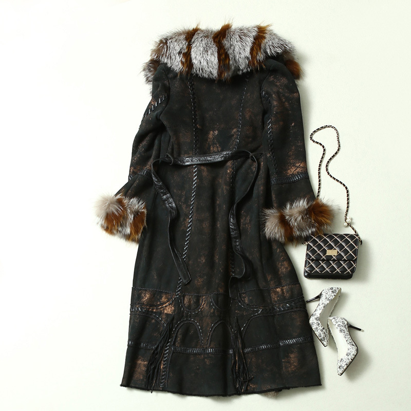 2016 New Design Lady's Genuine Leather and Fur Coat Long Style Fox Fur