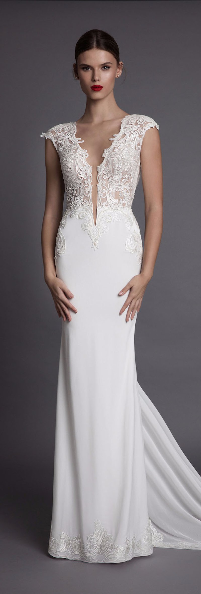 Open Back Deep V Neck Sheath Wedding Dress with Sweep Train