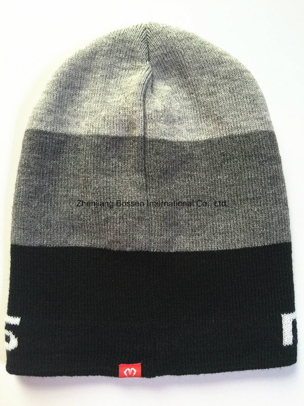 Custom Made Logo Jacquard Winter Black Knitted Beanie Cap