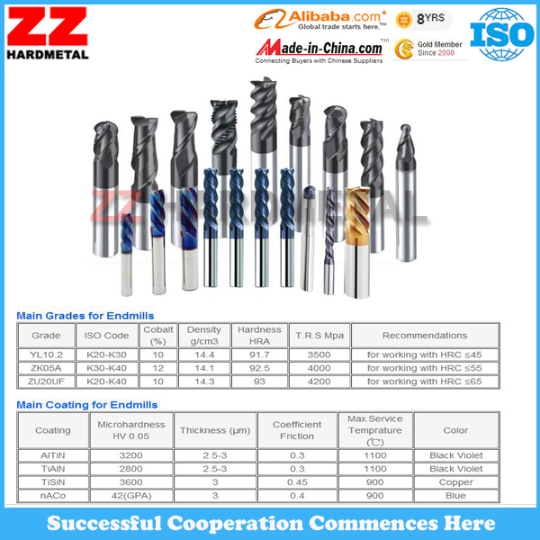 ISO Tungsten Carbide End Mills for Cutting (45HRC, 55HRC, 65HRC)