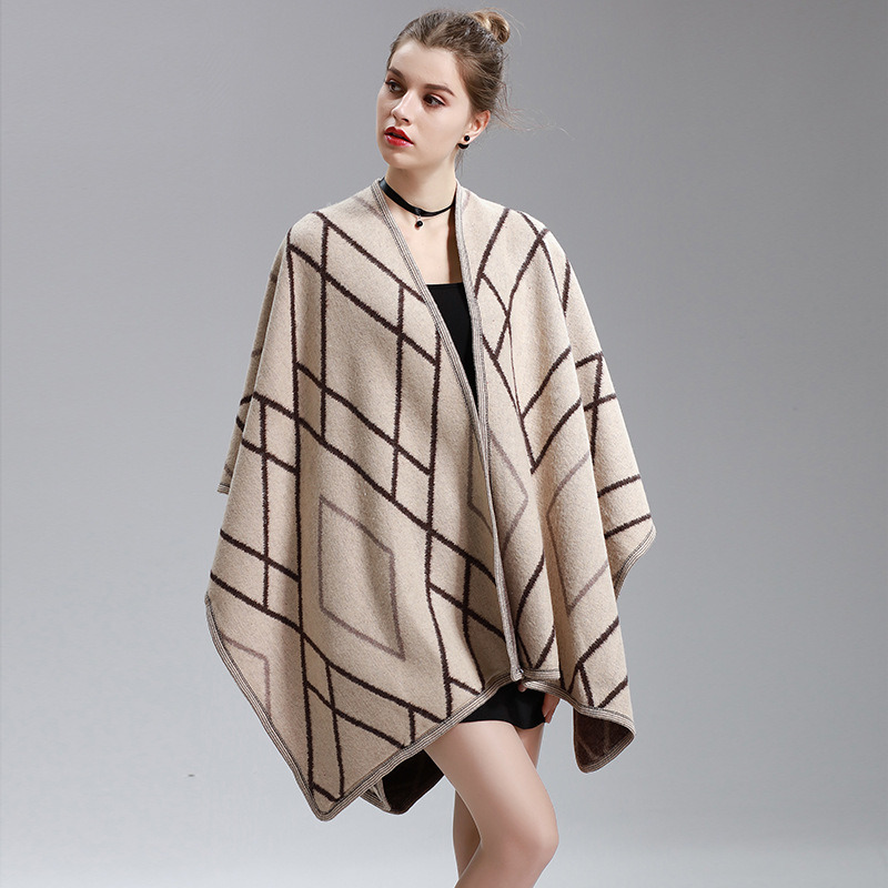 Womens Cashmere Feel Checked Diamond Printing Fancy Cape Stole Poncho Shawl (SP290)