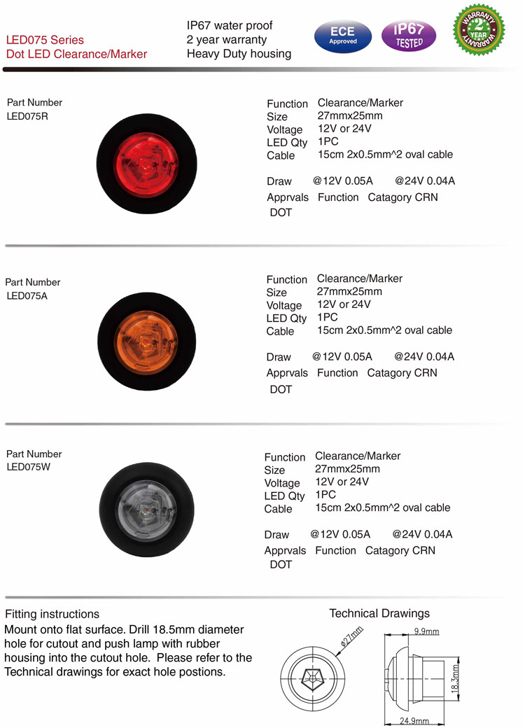 LED075 DOT LED Marker/Clearance Side Lamps for Truck