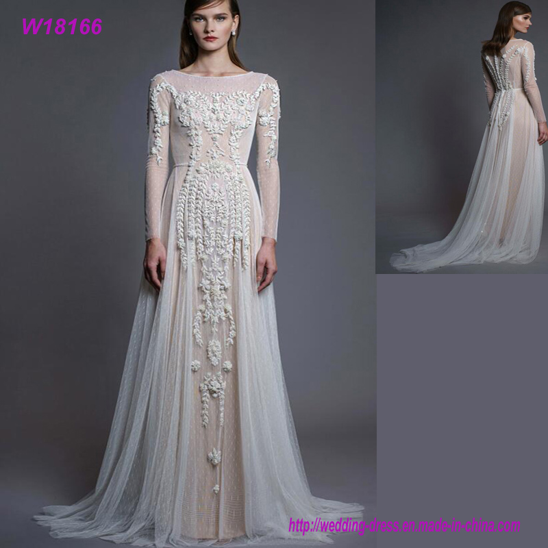 Latest Fashion Design Natural Color Lace Long Sleeve Wedding Dress