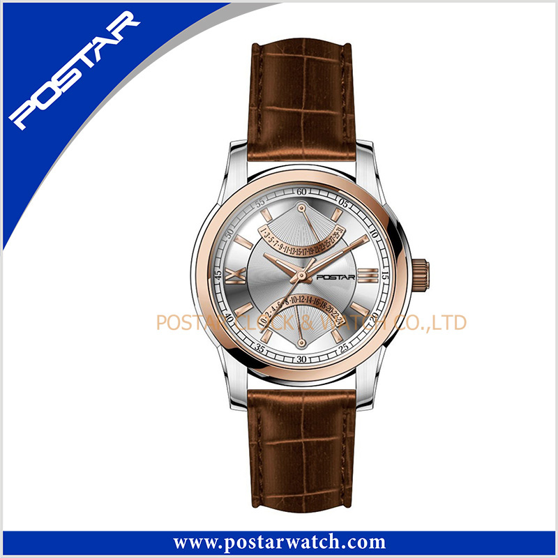 Fashion Stainless Steel Watch with Genuine Leather Band and Swiss Quality