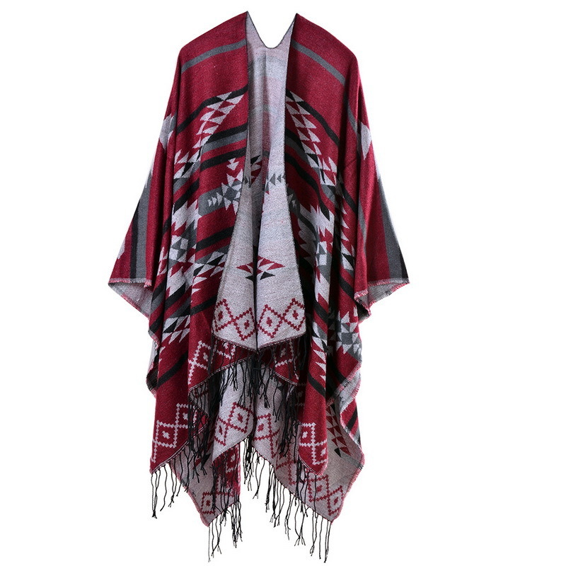 Women's Color Block Open Front Blanket Poncho Bohemian Cashmere Like Cape Thick Warm Stole Throw Poncho Wrap Shawl (SP224)