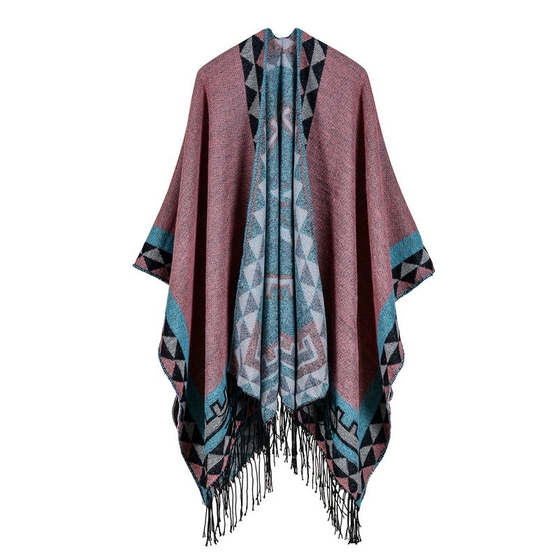 Women's Color Block Open Front Blanket Poncho Bohemian Cashmere Like Cape Thick Winter Warm Stole Throw Poncho Wrap Shawl (SP233)