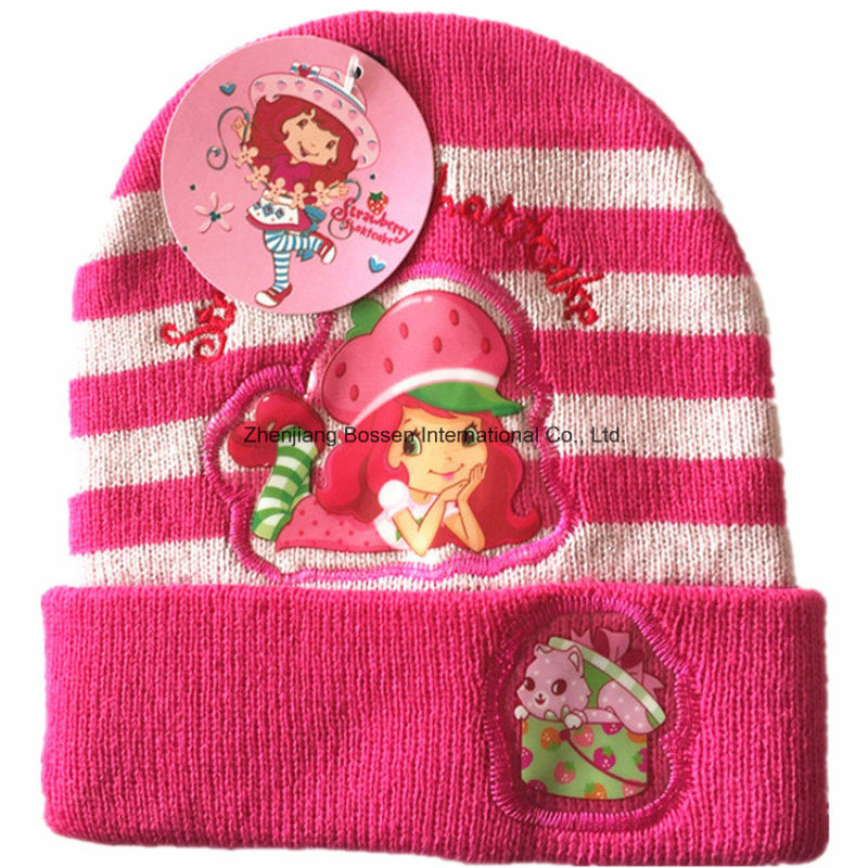 OEM Produce Customized Cartoon Applique Embroidered Pink Winter Snowboard Wool Beanie Hat