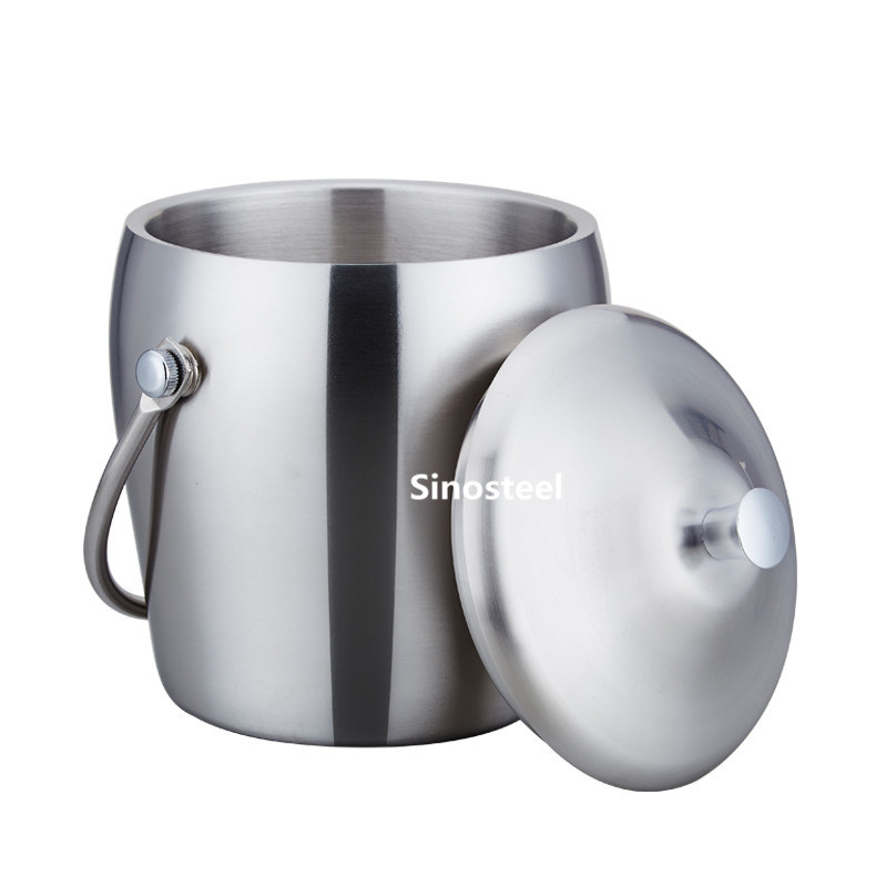 Drum Stype Thickning Double Stainless Steel Ice Bucket with Lid & Handle