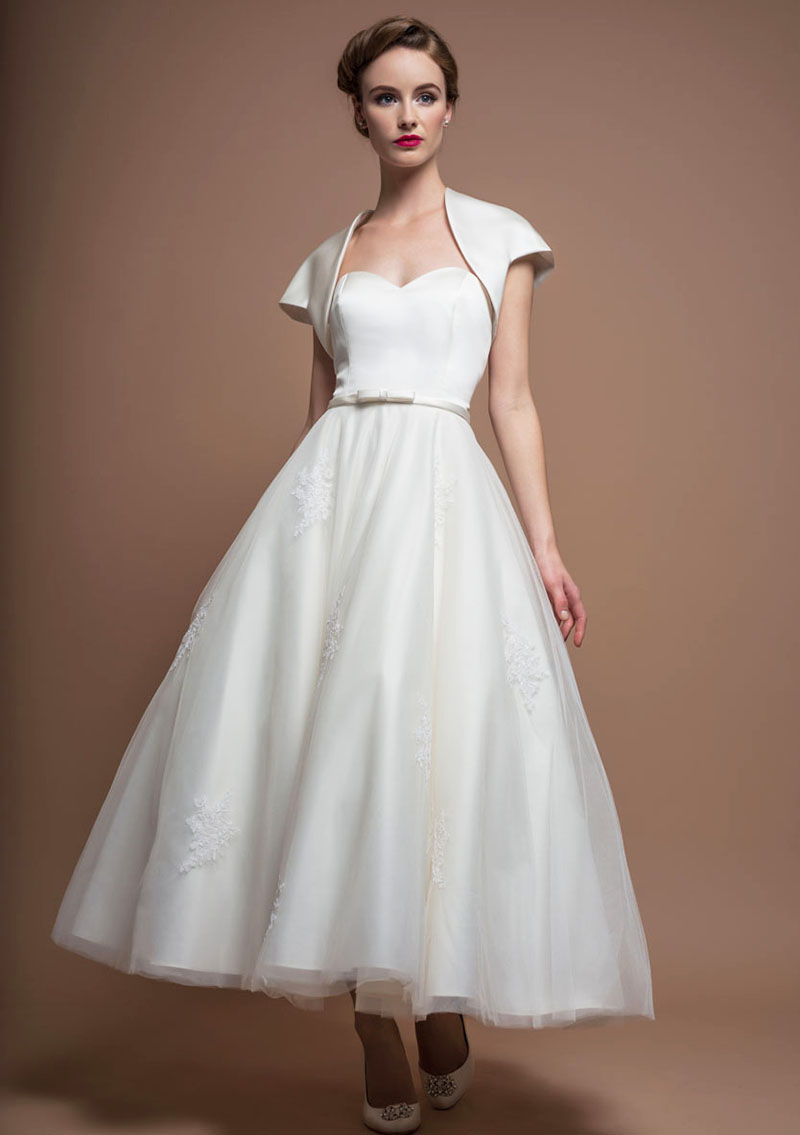 Strapless Sweetheart Tea Length Simple A-Line Wedding Dress