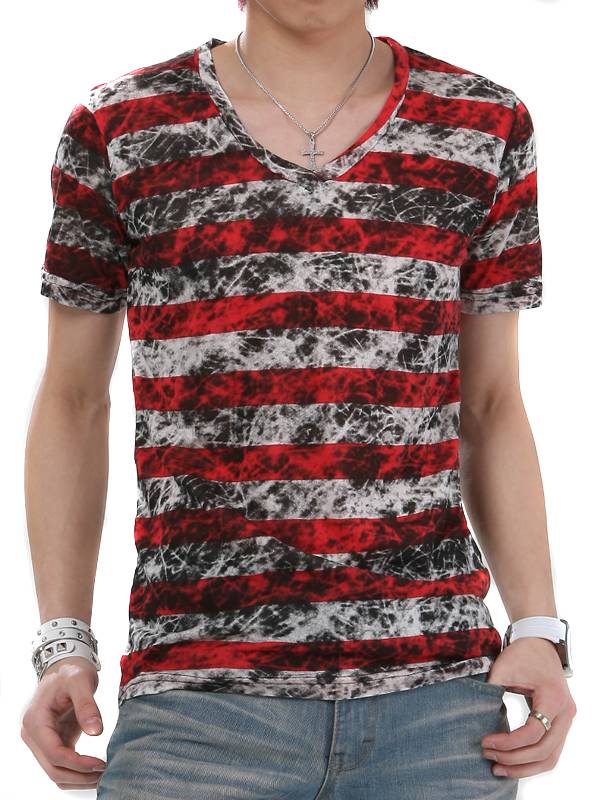 Fashion Dye Stripe V Neck Short Sleeve Summer Wholesale Cotton Men T Shirt