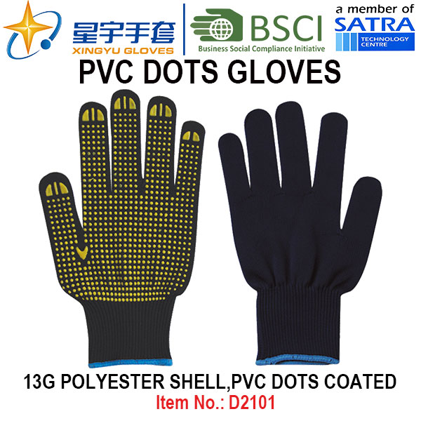 Work Gloves, 13G Polyester Shell PVC Dots Coated Gloves (D3101) with CE, En420