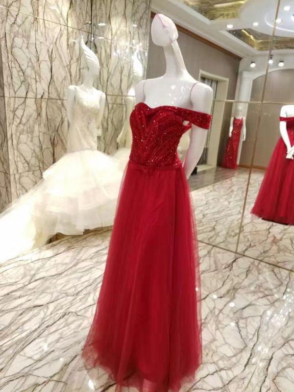 Red Beading Bodice Evening Dress for Wedding