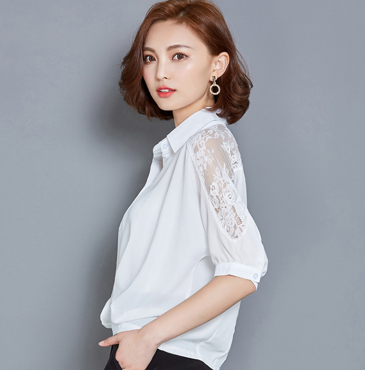 Fashion Chiffon Ladies Blouse with Lace Sleeve