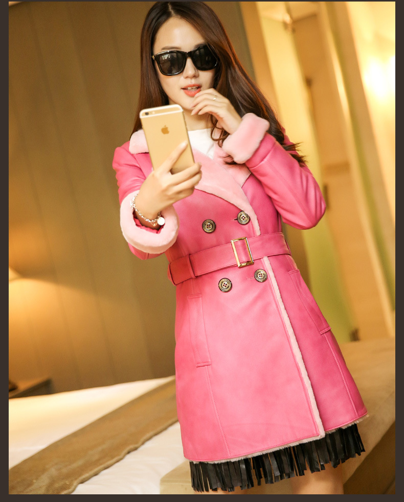 Pink Fashion Lady's Shearling and Lamb Leather Coat Long Style