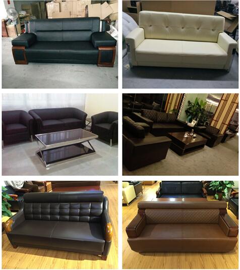 Elegant Brown Genuine Leather and Antique Wood Office Sofa Set, Office Furniture Design