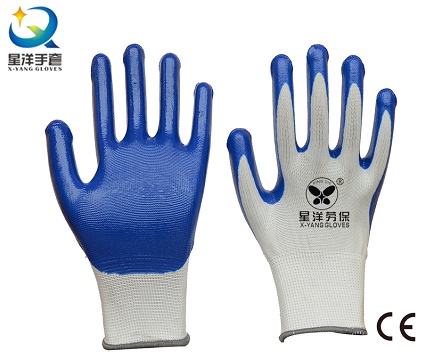 13G Nitrile White Polyester Shell, Blue Nitrile Coated, Work Gloves (N7005)