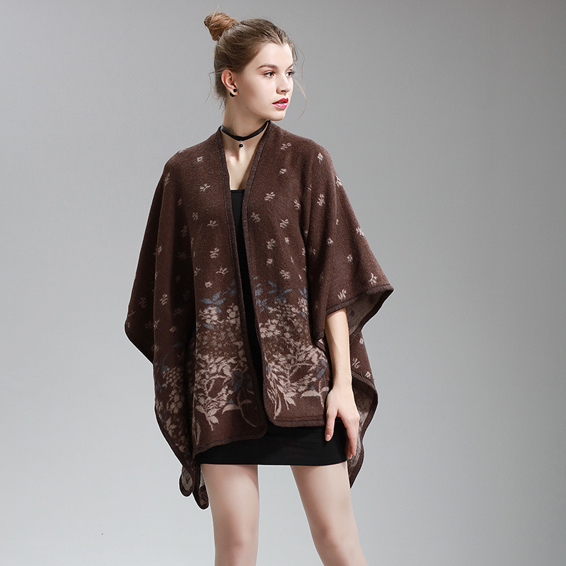 Womens Cashmere Feel Flower Printing Fancy Cape Stole Poncho Shawl (SP297)